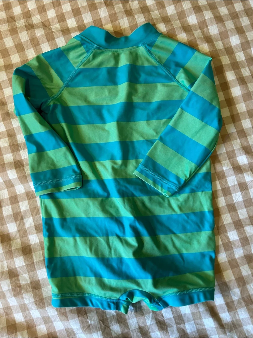 Primary Green and Teal Striped Long-Sleeve Rashguard One-Piece